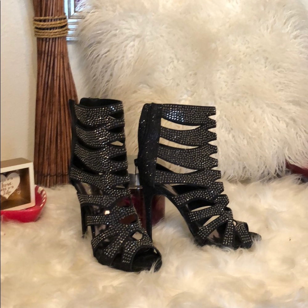 Black crystal heels